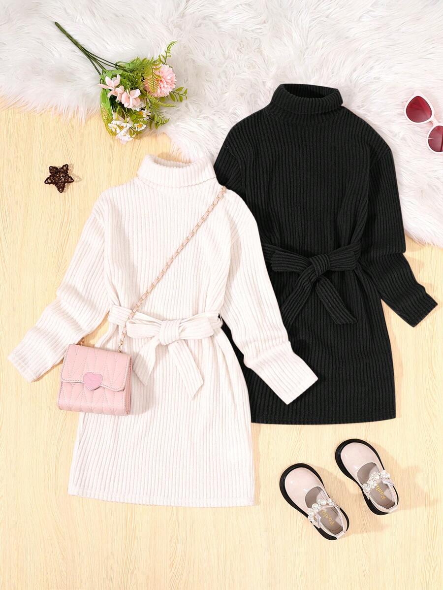 2 sztuki dziewczęcej sukienki polo w jednolitym kolorze, dopasowanej, z długim rękawem i kołnierzykiem - Czarne i Białe - Zobacz 1