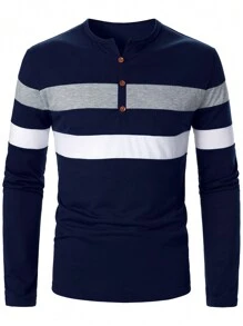 Manfinity Homme Men's Minimalist Fashion Button Up Long Sleeve Business T-Shirt, Men Navy Blue Shirts, Men Color Block Shirts, Men Henley Shirts - Multicolor - View 1