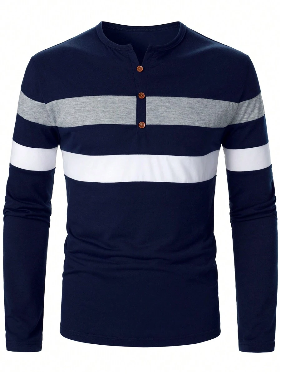 Manfinity Homme Men's Minimalist Fashion Button Up Long Sleeve Business T-Shirt, Men Navy Blue Shirts, Men Color Block Shirts, Men Henley Shirts - Multicolor - View 1