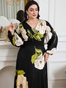 Modelyn Plus Size Women Floral Print V-Neck Lantern Sleeve Long Elegant Dress Long Evening Dresses