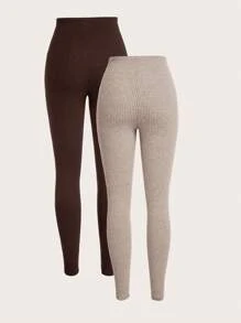 SHEIN EZwear Große Größen Damen Gerippte Slim Fit Leggings, Mehrfarbig, Casual, Herbst/Winter