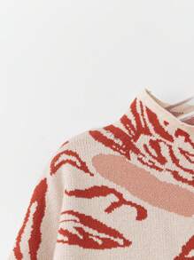 SHEIN LUNE 大码女式碎花立领落肩长袖休闲套头毛衣，秋冬针织套头衫 - 杏色 - 查看 4