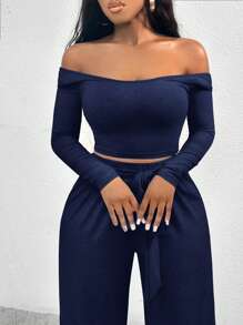 SHEIN SXY Bộ áo trễ vai ngắn tay dài có dây buộc và quần ống rộng cho nữ - Màu xanh hải quân - Xem 4