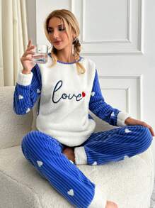 SHEIN Cottnline Letter & Heart Embroidery Striped PJ Set - Multicolor - View 5
