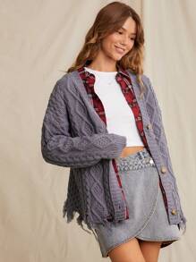 WESTFADE 春季粗针织 V 领长袖正面纽扣做旧长款开衫 - 淺灰紫 - 查看 1