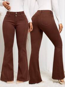 SHEIN Essnce 女士休闲喇叭牛仔裤，带口袋，适合日常穿着 - 咖啡棕 - 查看 1