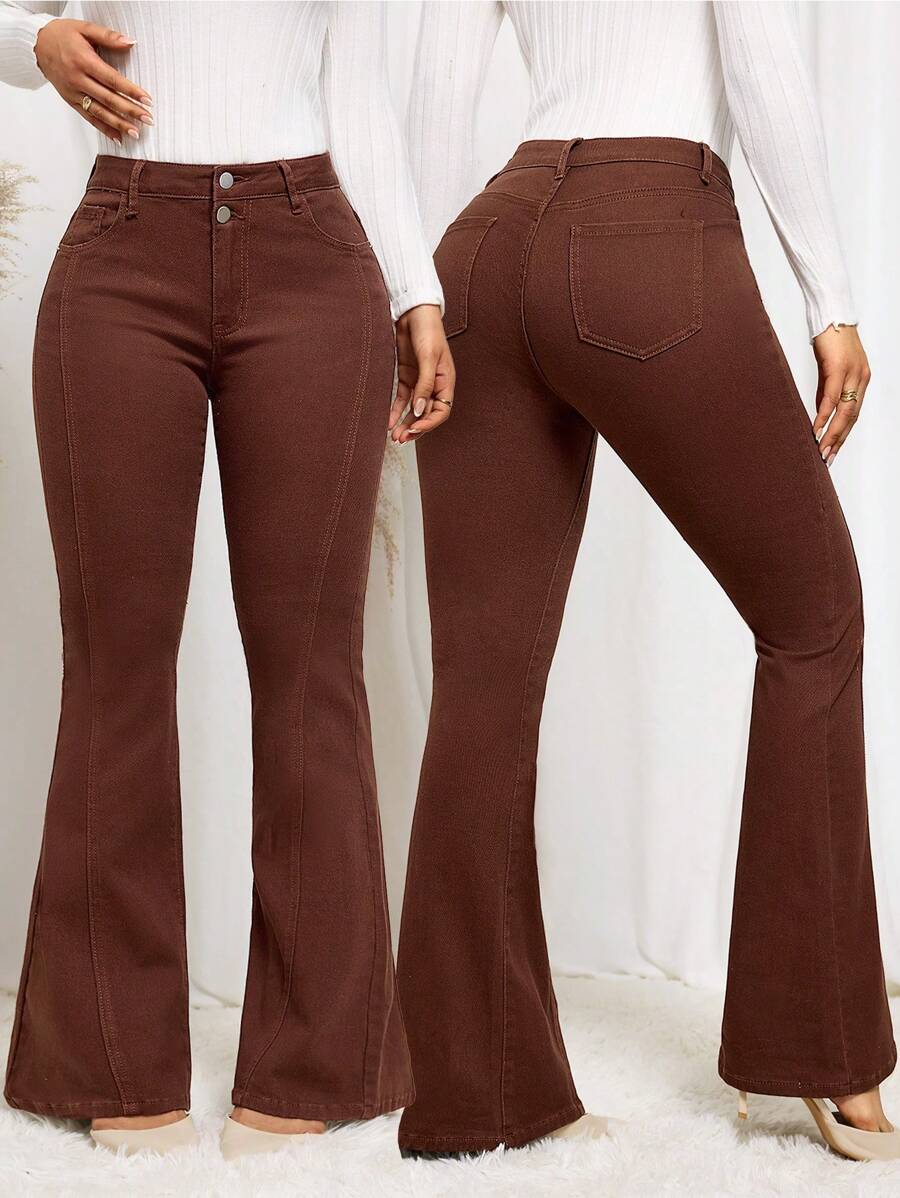 SHEIN Essnce 女士休闲喇叭牛仔裤，带口袋，适合日常穿着 - 咖啡棕 - 查看 1