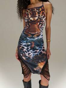 SHEIN Unity Leopard Print Tassel Side Detail Tie Back Bodycon Dress Sexy - Multicolor - View 4