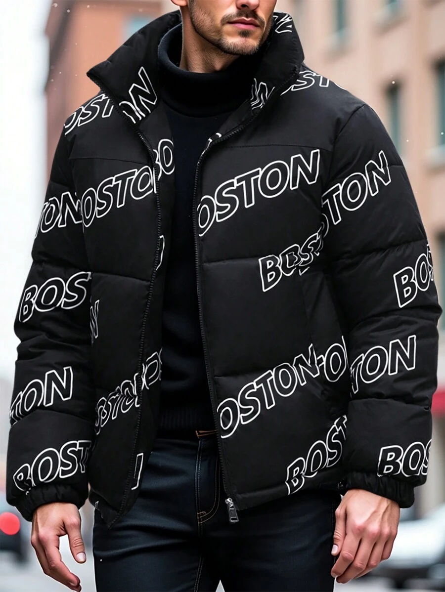 Manfinity Homme Men's Letter Print Zip-Up Padded Coat - Black - View 1