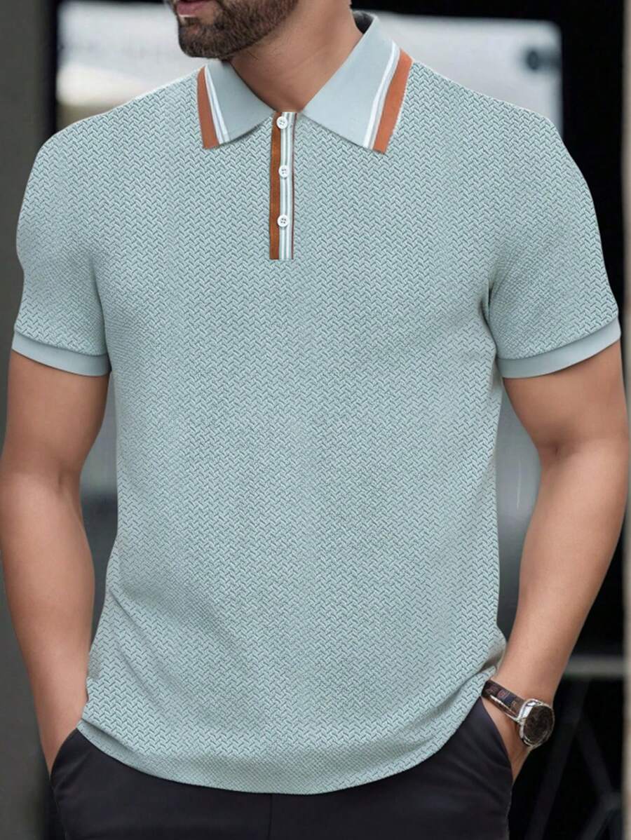 Manfinity Homme 男士撞色前扣短袖 Polo 衫，夏季，男朋友礼物，纹理提花，白色纽扣 - 彩色 - 查看 1