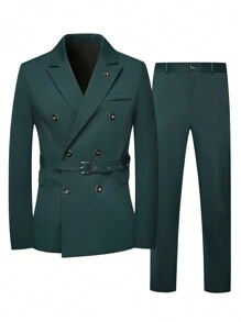 Manfinity Mode 1 套男士纯色前扣长袖上衣和长裤套装，简约风格 - 墨綠色 - 查看 1