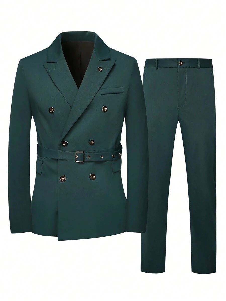 Manfinity Mode 1 套男士纯色前扣长袖上衣和长裤套装，简约风格 - 墨綠色 - 查看 1