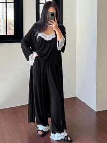 DAZY 3pcs Set Contrast Color Lace Patchwork Cami Top & Belted Robe & Pants Sleepwear Pajama Set, Back To School Clothes, Fall Winter Clothes - Black - View 6