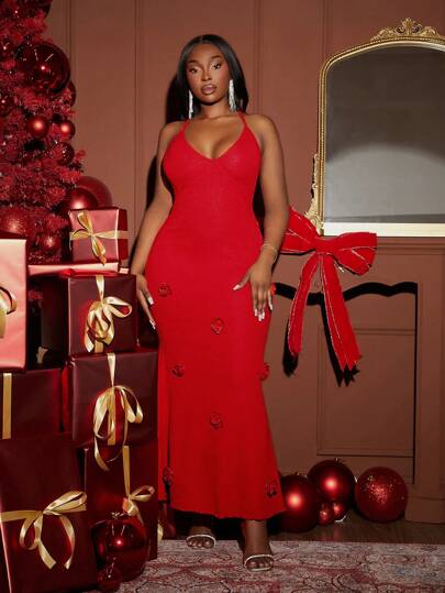 SHEIN SXY Plus Size Women's Red Handmade 3D Floral Decor Deep V Neck Spaghetti Strap Stretchy Knitted Long Dress, Suitable For Fall & Winter, Christmas Eve, Prom, Date Night, Birthday, Bachelorette Party, Cute, Casual, Shopping, Streetwear, Going Out, Holiday