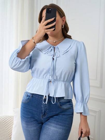 INAWLY Plus Size Tie String Design Cute Casual Blouse/Shirt, Suitable For Daily Wear