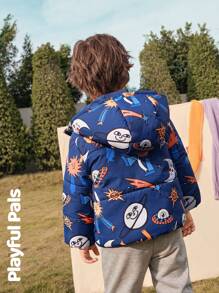 SHEIN 1 pieza Abrigo de invierno para niño pequeño con estampado de planeta divertido, lindo/vintage/casual/para casa/para exteriores en invierno/otoño - Azul Marino - Ver 2