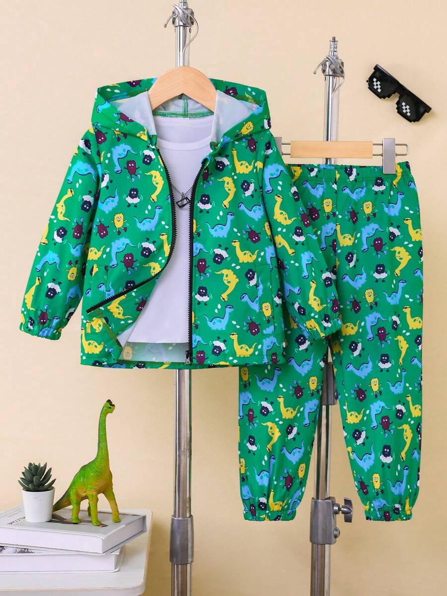 2pcs/Set Young Girl Cute Cartoon Dinosaur Print Hoodie And Jogger Pants Set - Multicolor - View 1