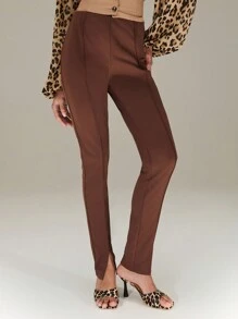 SHEIN Unity Solid Colour Pintuck Front Trousers With Split Hem New Year Fall Cloth For Women - Coffee Brown - View 1