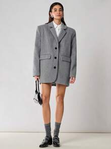 Enchnt 1 件女式纯色翻领长袖单排扣休闲羊毛大衣，秋冬 - 灰色 - 查看 15