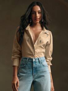 Anewsta Blouse à manches longues élégante et ordinaire pour femme avec rivets, couleur kaki - Kaki - Voir 6