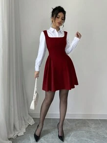 Selianne 新款女士方领无袖 A 字褶皱下摆连衣裙，高弹力纹理面料纯色，时尚年轻合身通勤休闲百搭腰部修身，优雅精致，适合春夏秋冬勃艮第色女装情人节 - 酒紅色 - 查看 5