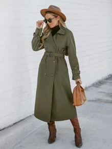Wildy Women Casual Long Military Green Trench Coat - Army Green - View 3