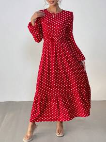 SHEIN Clasi 女士圆点印花圆领荷叶边下摆休闲长袖连衣裙 - 酒紅色 - 查看 6