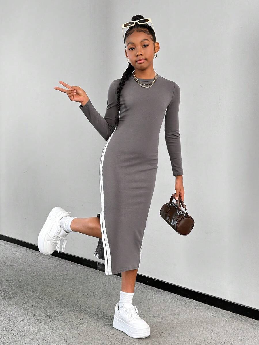 SHEIN Đầm suông cổ tròn tay dài xẻ tà phong cách cổ điển dành cho nữ sinh trung học - Xám - Xem 1