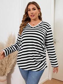 SHEIN Clasi Plus Size Long Sleeve Ribbed Ribbed T-Shirt, Autumn/Winter