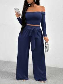SHEIN SXY Bộ áo trễ vai ngắn tay dài có dây buộc và quần ống rộng cho nữ - Màu xanh hải quân - Xem 1