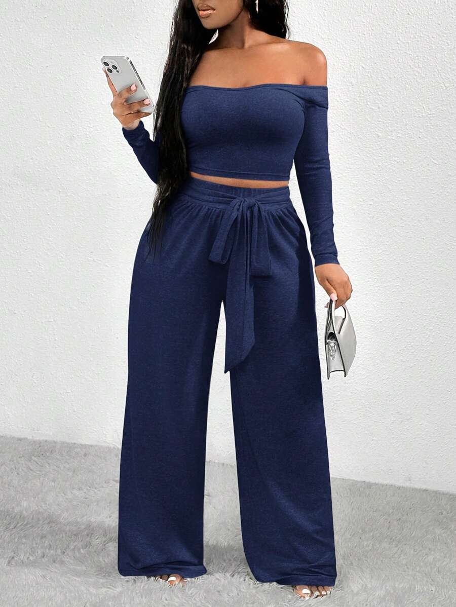 SHEIN SXY Bộ áo trễ vai ngắn tay dài có dây buộc và quần ống rộng cho nữ - Màu xanh hải quân - Xem 1