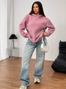 SHEIN Slayr Plus Size Women Solid Color Long Sleeve Minimalist Hoodie, Casual For Daily Wear - Dusty Pink - View 3