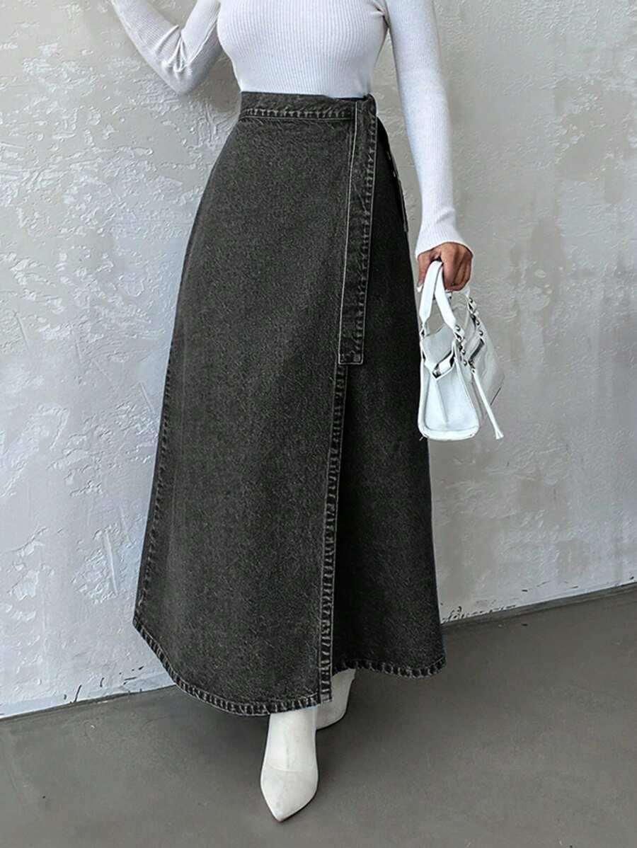 SHEIN Cottnline تنورة جينز نسائية قصيرة بتصميم بسيط مع أربطة رباط، مناسبة للاستخدام اليومي الكاجوال - رمادي غامق - مشاهدة 1