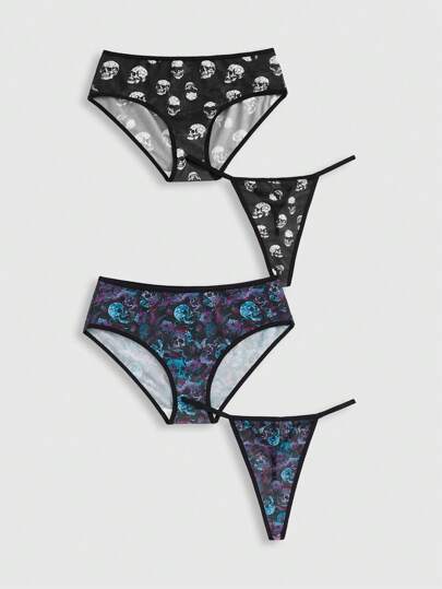 Goth 4pcs Set Gothic Skull & Floral Mesh Asymmetrical Triangle Panty & G-String