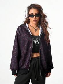 SHEIN EZwear Áo nỉ trùm đầu in họa tiết tay dài phía trước cho nữ - màu đen - Xem 5