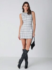 Enchnt 女士水钻装饰格子圆领无袖优雅迷你连衣裙 - 白色 - 查看 1