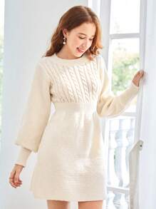 SHEIN 青少年女孩圆领针织纹理泡泡袖腰部褶皱 A 字休闲优雅连衣裙 - 杏色 - 查看 5