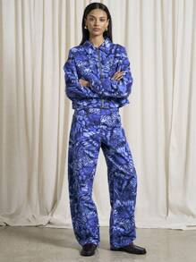 AiiRZ Rave Floral Lasered Denim Zip Up Jacket With Wide Leg Barrel Jeans Two-Piece Co-Ord Set - Blue - View 1