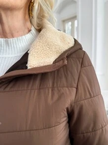 SHEIN LUNE Women Stand Collar Zip Up Simple Design Outerwear Jacket, Suitable For Winter - Coffee Brown - View 5