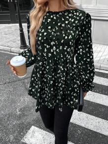 SHEIN LUNE 休闲度假荷叶边圆领长袖衬衫 T 恤，花卉印花，春夏 - 墨綠色 - 查看 1