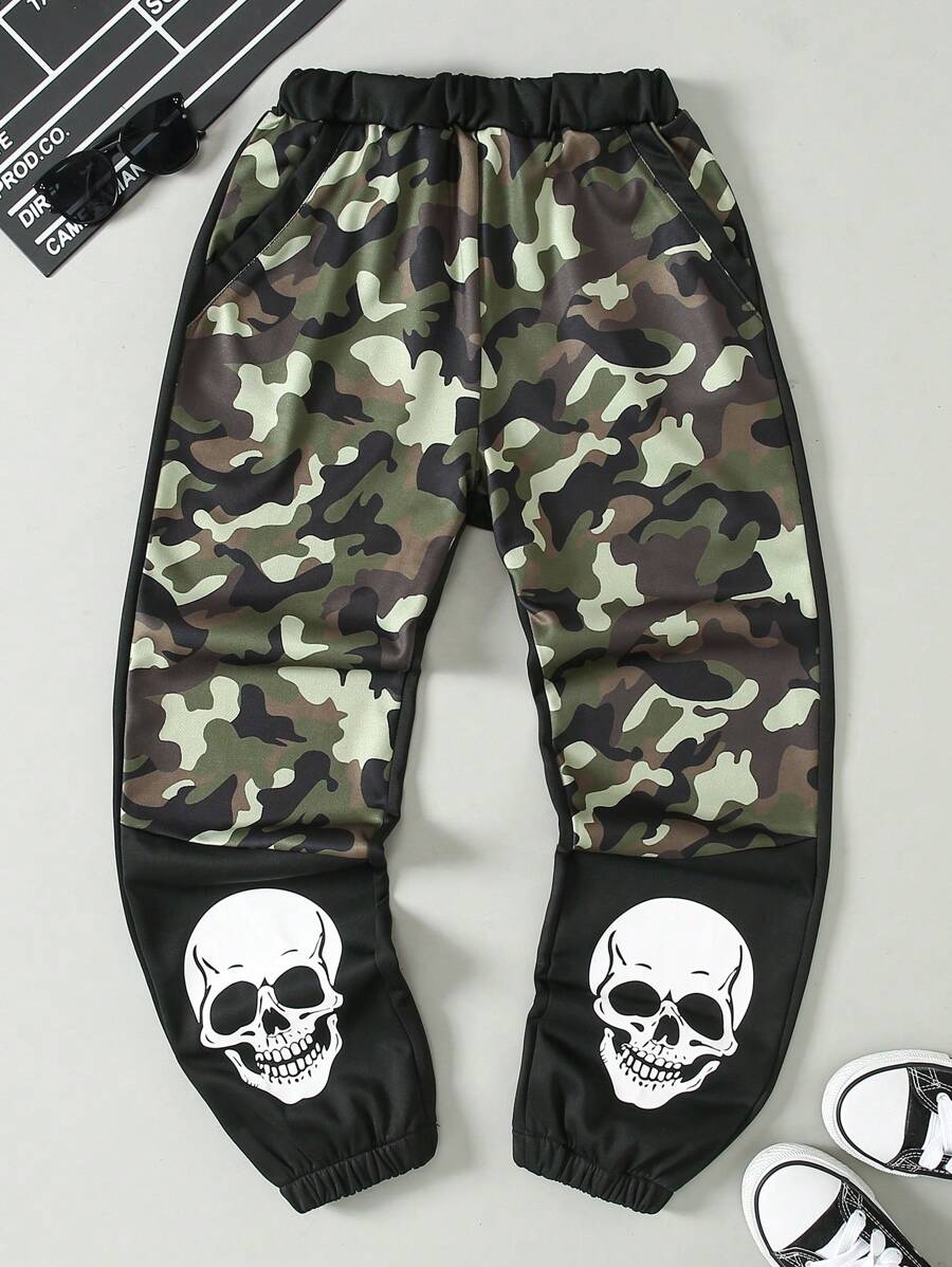 Tween Boys' Fashion Camo Patchwork Print Casual Sweatpants, Outdoor Streetwear, Autumn/Winter