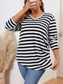 SHEIN Clasi Plus Size Long Sleeve Ribbed Ribbed T-Shirt, Autumn/Winter