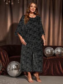 EMERY ROSE 2pcs Plus Size Allover Print Crew Neck Top And Pants Elegant Outfit,Fall Women Clothes,Christmas Party Dress Women