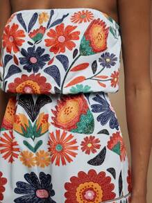 Travachic 1pc Women Vacation Floral Print Bandeau Jumpsuit