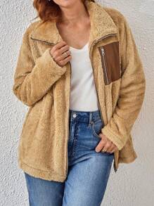 EMERY ROSE Chaqueta informal con cremallera, con bloque de color y diseño esponjoso, para mujer de talla grande, apta para otoño/invierno