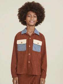 SHEIN Jaket Kasual Lengan Panjang dengan Desain Blok Warna, Kantong Serbaguna, Kerah Kuban Kancing Tunggal, Bahu Longgar, untuk Anak Laki-laki Remaja, Musim Gugur - Coklat - View 1