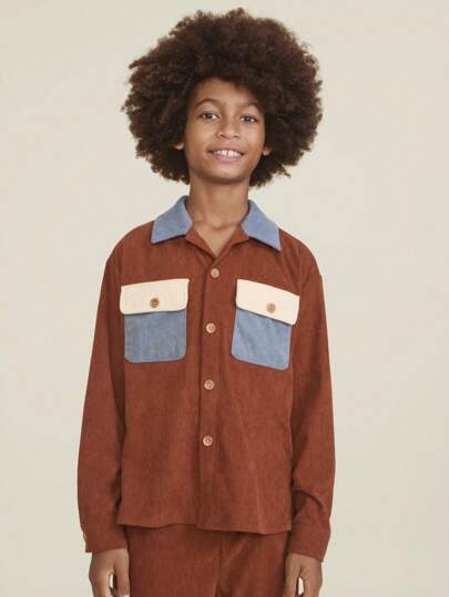 SHEIN Tween Boy Colorblock Utility Pocket Single Breasted Cuban Collar Drop Shoulder Long Sleeve Casual Jacket, Autumn