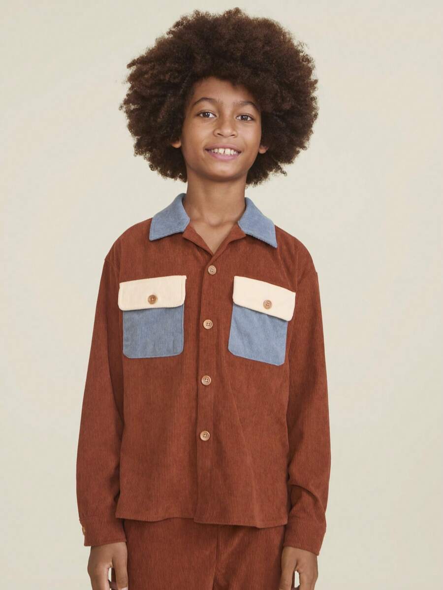 SHEIN Jaket Kasual Lengan Panjang dengan Desain Blok Warna, Kantong Serbaguna, Kerah Kuban Kancing Tunggal, Bahu Longgar, untuk Anak Laki-laki Remaja, Musim Gugur - Coklat - View 1