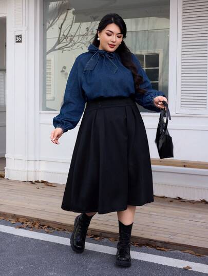 SHEIN EZwear 大码女式秋季插肩袖宽松系带牛仔长袖衬衫