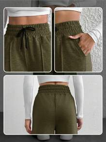 Cottnline Cotton Petite Drawstring Waist Wide Leg Pants - Army Green - View 6